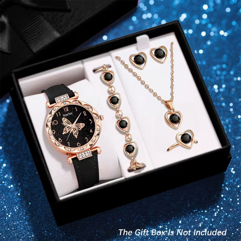 New Cross-Border Women's Watch Set Wholesale Butterfly Pattern Quartz Watch Women's Watch High-End Women's Wristwatch