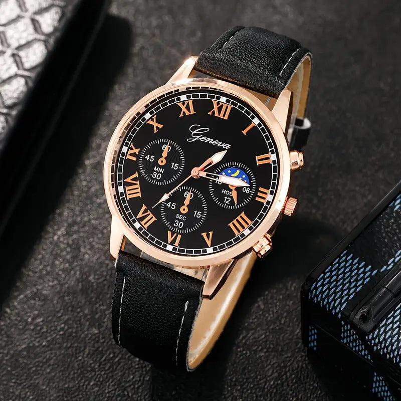 Foreign Trade Men's Watch High-End Hong Kong Style Fashion Wristwatch Fashion Versatile Quartz Watch High-End Watch Men's Watch Set