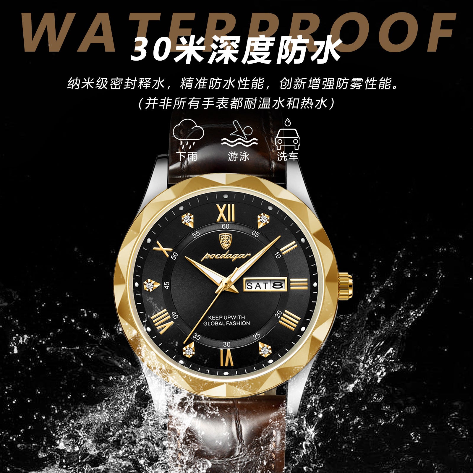 Swiss Brand Waterproof Luminous New Men's Watch Leather Strap Quartz Watch Live Streaming Foreign Trade Hot Item Dropshipping