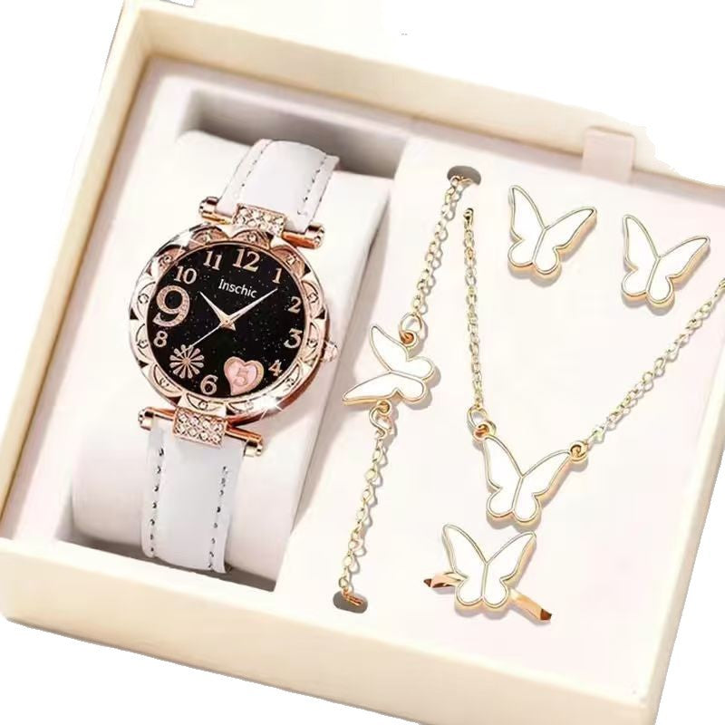 In-stock Cross-border New Women's Watch Set High-end Heart-shaped Leather Strap Quartz Watch Ladies' Watch Wholesale