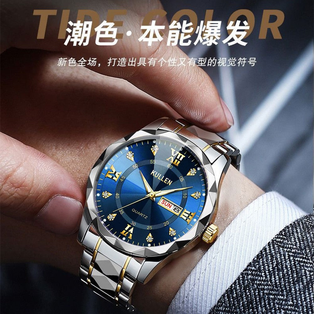 E-commerce Hot-Selling Men's Watch Dual Calendar Steel Band Watch Men's Business High-End Waterproof Luminous Quartz Watch