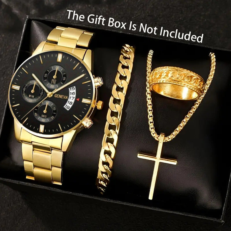 Watch Set Business High-End Feel Men's Watch Steel Band Glass Quartz Watch Calendar Men's Watch Manufacturer Wholesale