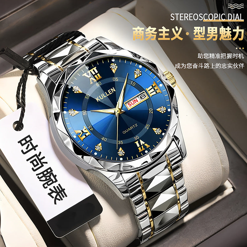 E-commerce Hot-Selling Men's Watch Dual Calendar Steel Band Watch Men's Business High-End Waterproof Luminous Quartz Watch
