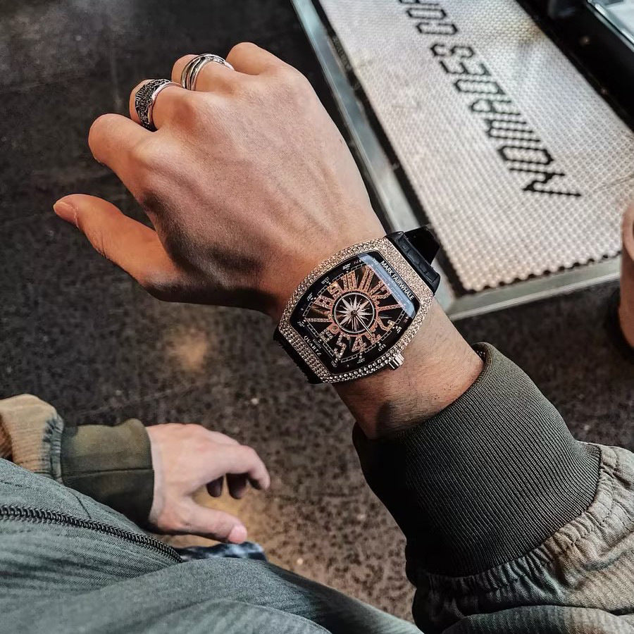 Mark Huafei/Mark Fairwhale Watch Brand Cross-Border Barrel-Shaped Full Diamond Calendar Overseas Quartz Watch