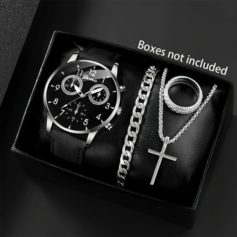 Watch Set Fashion Business High-end Men's Watch Leather Strap Fake Three-eye Watch Men's Glass Quartz Watch Wholesale