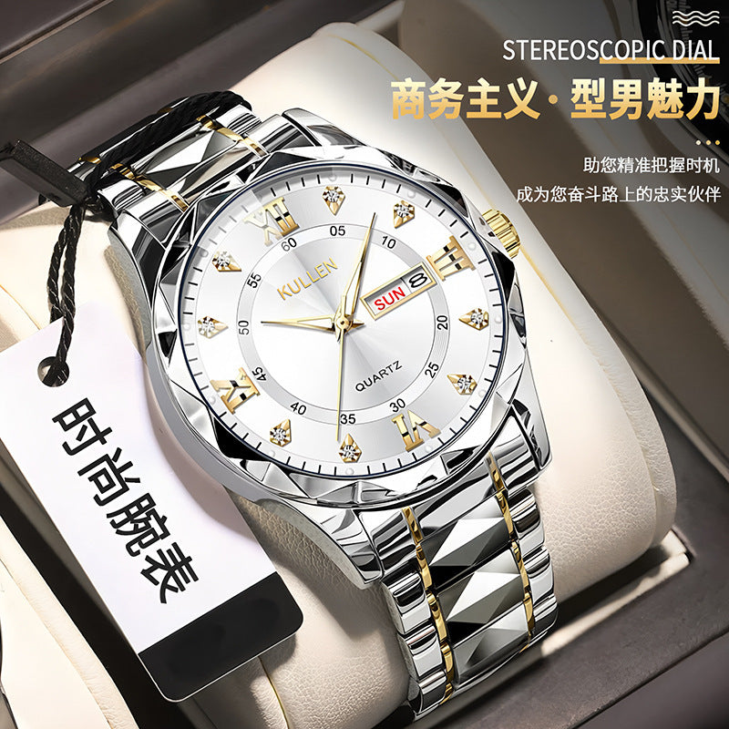 E-commerce Hot-Selling Men's Watch Dual Calendar Steel Band Watch Men's Business High-End Waterproof Luminous Quartz Watch