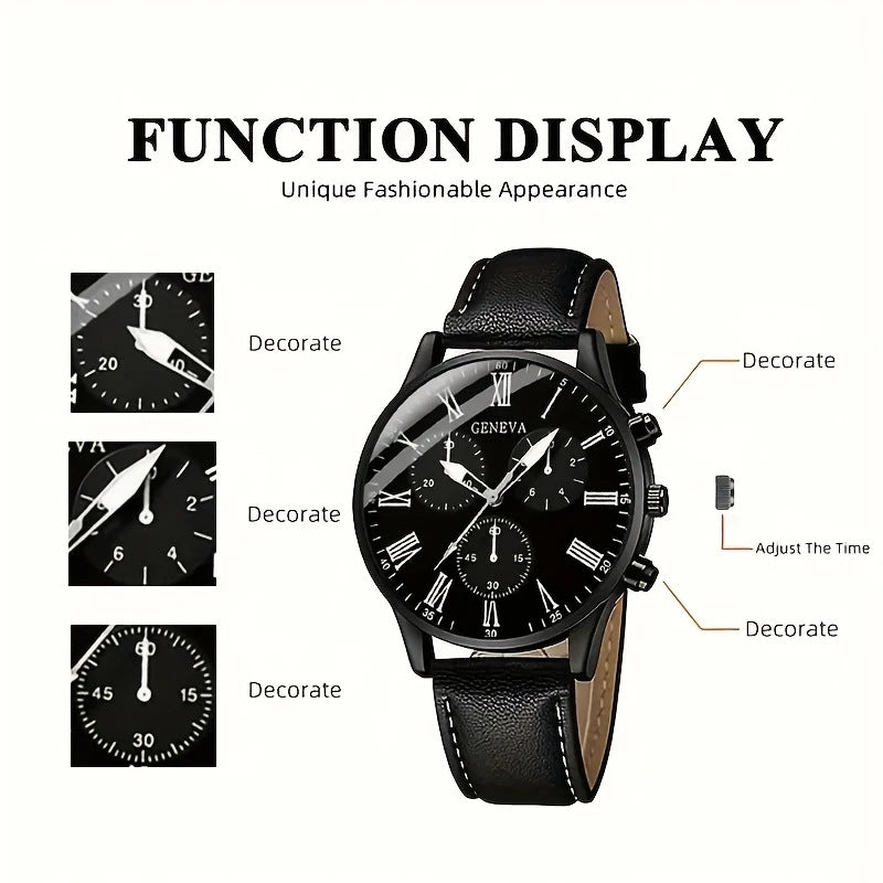 Watch Set Fashion Business High-end Men's Watch Leather Strap Fake Three-eye Watch Men's Glass Quartz Watch Wholesale