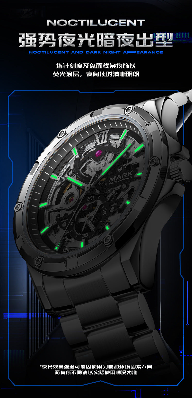 Mark Huafei Mark Fairwhale Brand Watch Waterproof Luminous Double-sided Hollowed Out Fully Automatic Mechanical Watch