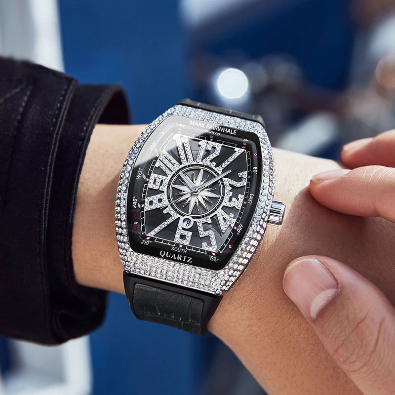 Mark Huafei/Mark Fairwhale Watch Brand Cross-Border Barrel-Shaped Full Diamond Calendar Overseas Quartz Watch