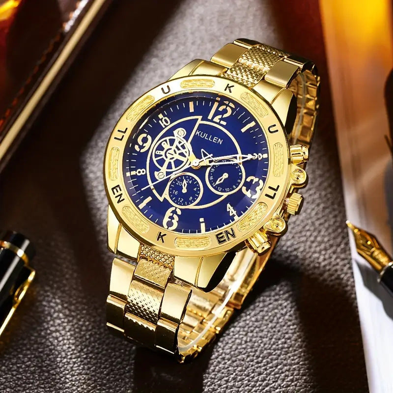 2025Foreign Trade Hot-Selling Men's Fake Three-Eye Watch Steel Band Fashion Business Quartz Watch Men's Watch Wholesale