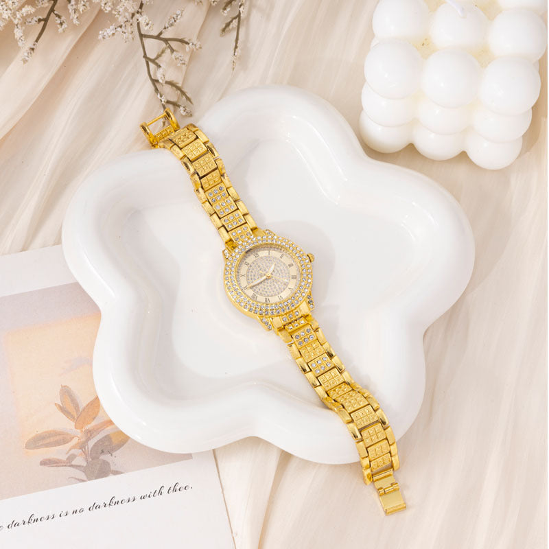 Cross-Border Hot-Selling Full Diamond Roman Pattern Women's Quartz Watch with Starry Sky Bracelet and Treasure Bowl In Stock