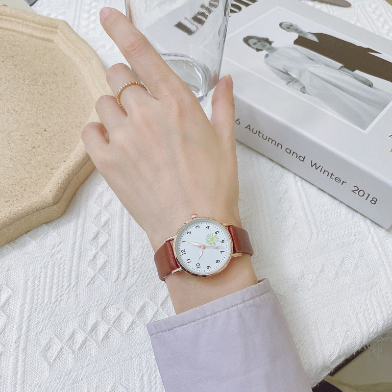 New Korean Style Simple Trendy Watch for Female Students, Luminous Leather Strap Watch, Forest Style Fresh Student Quartz Watch