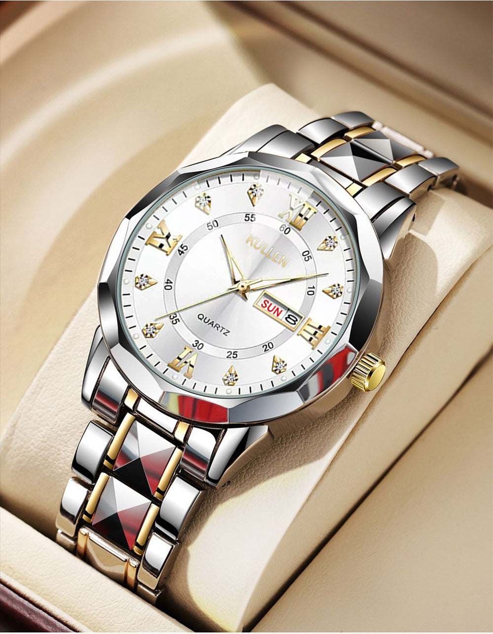 E-commerce Hot-Selling Men's Watch Dual Calendar Steel Band Watch Men's Business High-End Waterproof Luminous Quartz Watch