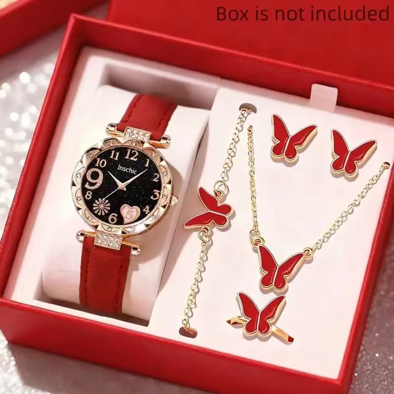 In-stock Cross-border New Women's Watch Set High-end Heart-shaped Leather Strap Quartz Watch Ladies' Watch Wholesale