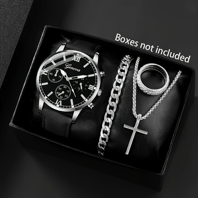 Watch Set Fashion Business High-end Men's Watch Leather Strap Fake Three-eye Watch Men's Glass Quartz Watch Wholesale