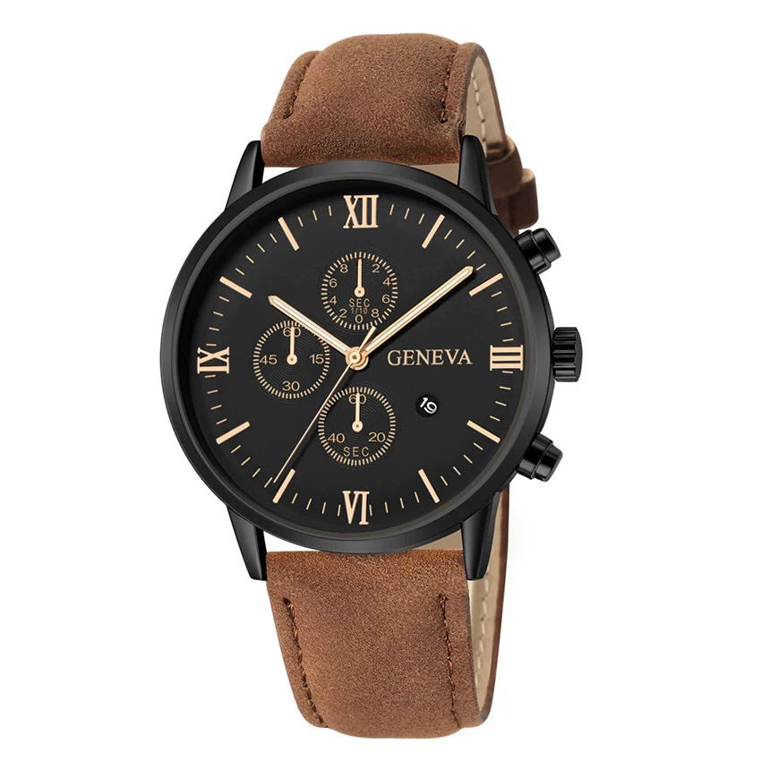Factory In-Stock Men's Watch Business Simple Fashion with Calendar Quartz Watch Leather Strap Men's Watch High-End Wholesale