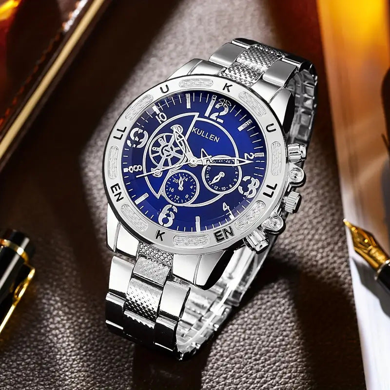 2025Foreign Trade Hot-Selling Men's Fake Three-Eye Watch Steel Band Fashion Business Quartz Watch Men's Watch Wholesale