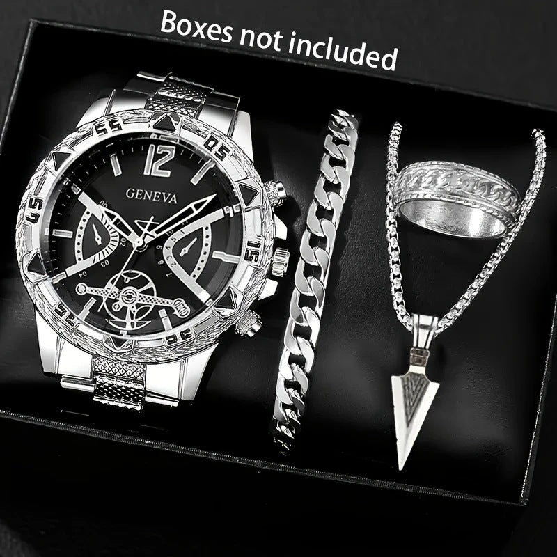 Southeast Asia Cross-Border Men's Watch Set Wholesale Steel Band Watch Men's Trendy Fashion Quartz Watch Men's Watch