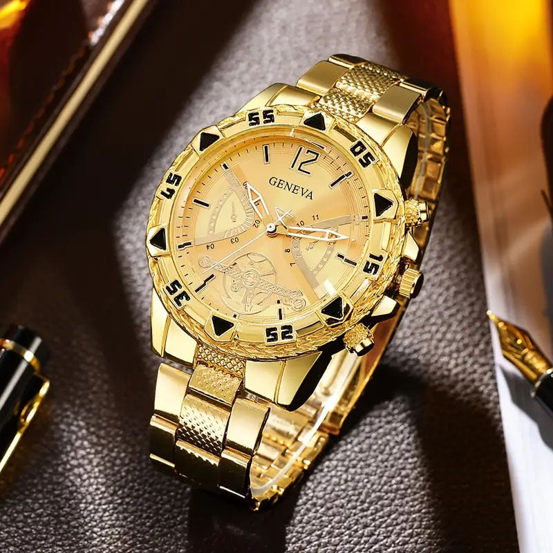 Cross-Border Hot-Selling Men's Steel Band Watch, Stylish Men's Quartz Watch, Fashionable Business Blue Light Glass Watch