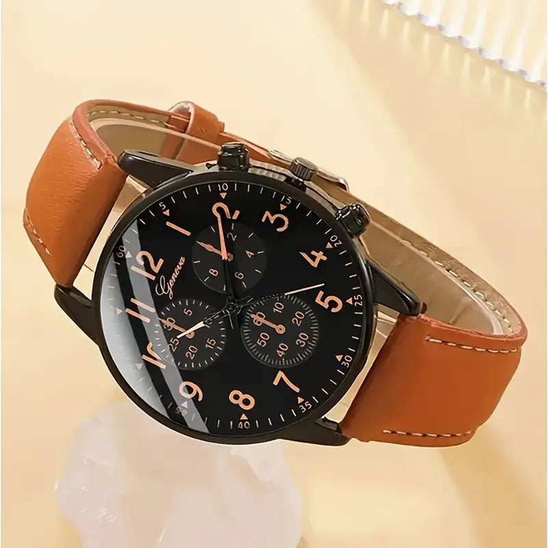 Cross-border Fashion Men's Business Watch Hot-selling Men's Leather Strap Quartz Watch Wristwatch PU Men's Casual Leather Strap Watch