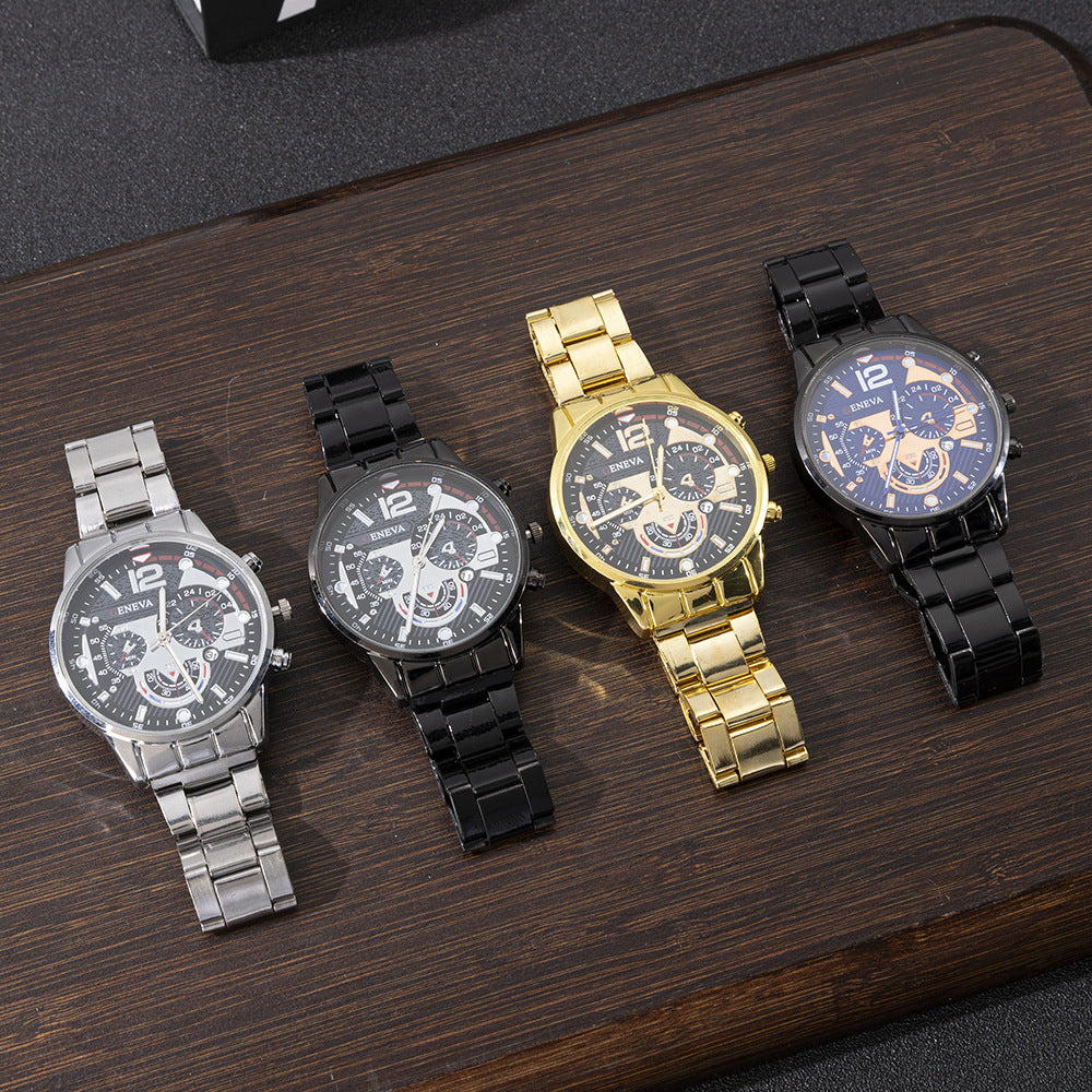 Factory Direct Cross-Border Hot-Selling Men's Fashion Stainless Steel Band Calendar Quartz Watch