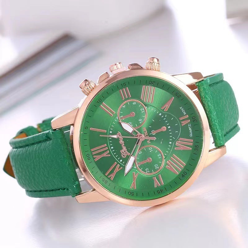 Source Factory Women's Leather Strap Watch Geneva Quartz Watch Leather Strap Fashion Women's Watch Scale Men's Watch