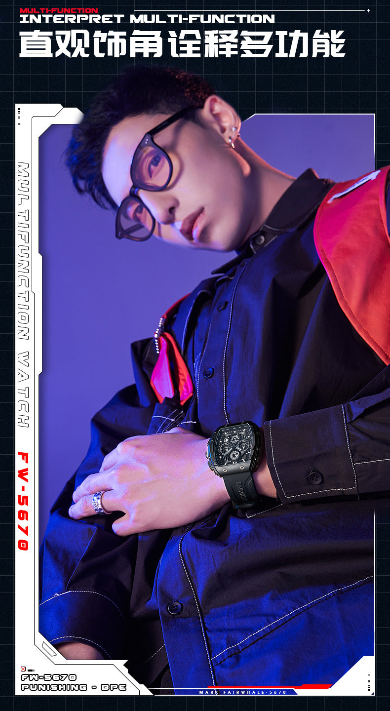 Mark Huafei Mark Fairwhale Brand Watch Men's Multifunctional Quartz Watch Wine Barrel Casual Sports Watch