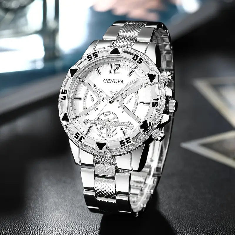 Cross-Border Hot-Selling Men's Steel Band Watch, Stylish Men's Quartz Watch, Fashionable Business Blue Light Glass Watch