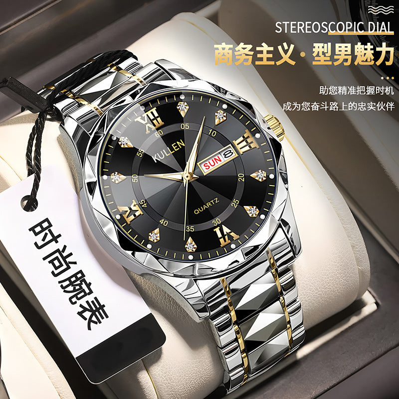 E-commerce Hot-Selling Men's Watch Dual Calendar Steel Band Watch Men's Business High-End Waterproof Luminous Quartz Watch