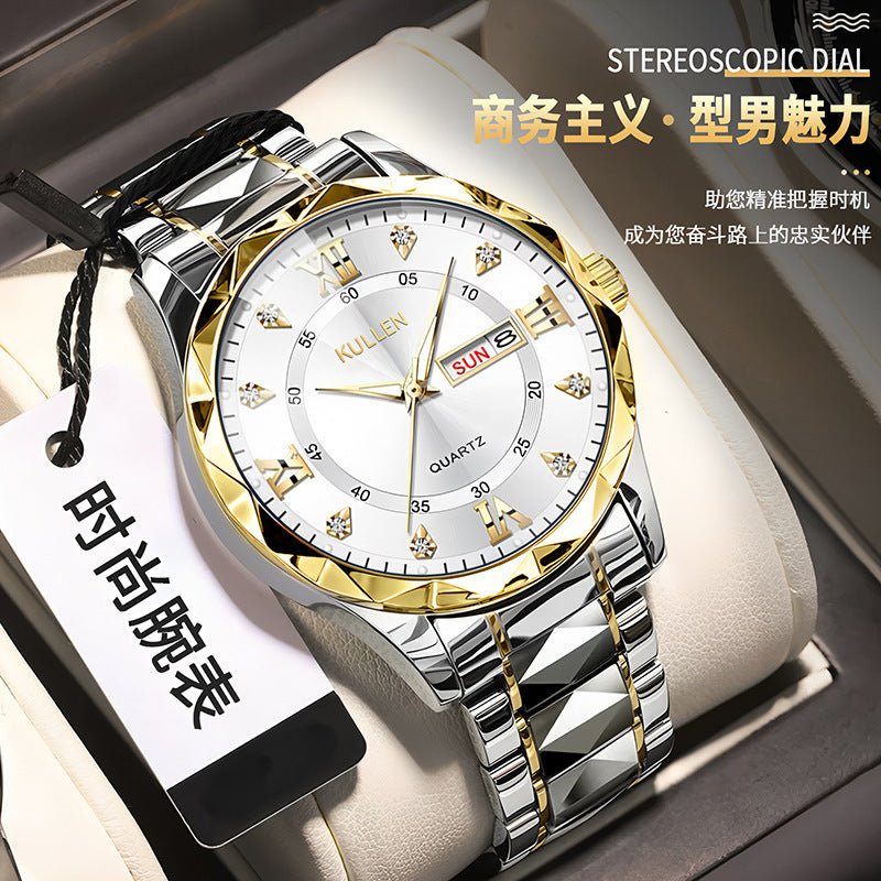 E-commerce Hot-Selling Men's Watch Dual Calendar Steel Band Watch Men's Business High-End Waterproof Luminous Quartz Watch