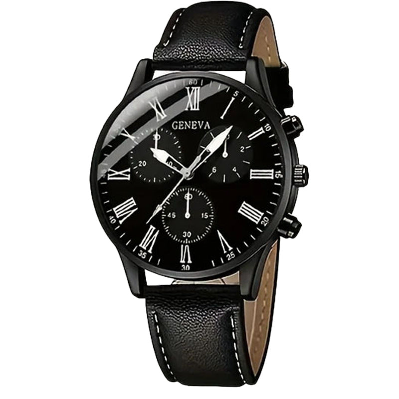 Watch Set Fashion Business High-end Men's Watch Leather Strap Fake Three-eye Watch Men's Glass Quartz Watch Wholesale