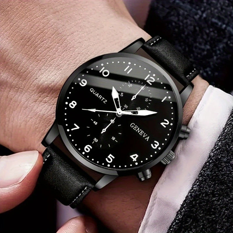 Watch Set Fashion Business High-end Men's Watch Leather Strap Fake Three-eye Watch Men's Glass Quartz Watch Wholesale